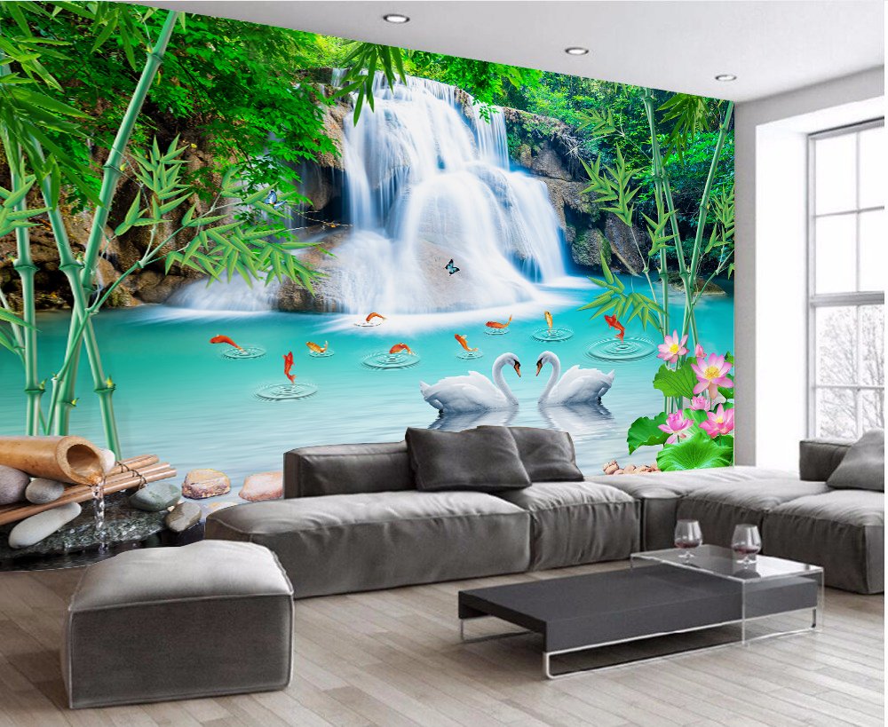 3D Waterfall Gold Fishes wall poster living room, hall, bedroom  decorative masterpiece for home decor