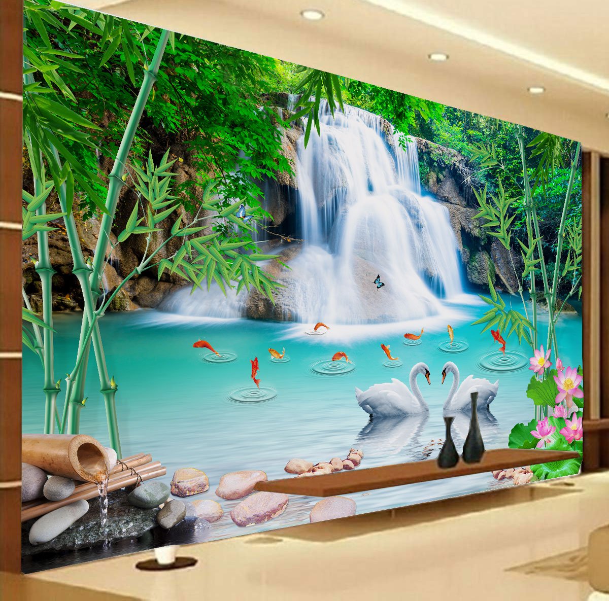 3D Waterfall Gold Fishes wall poster living room, hall, bedroom  decorative masterpiece for home decor