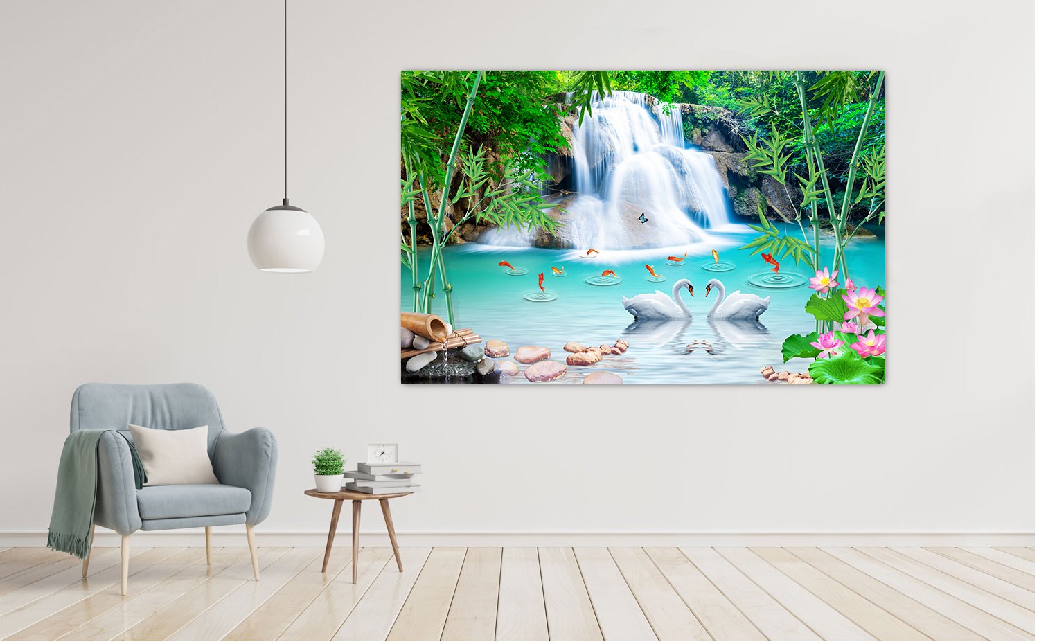 3D Waterfall Gold Fishes wall poster living room, hall, bedroom  decorative masterpiece for home decor