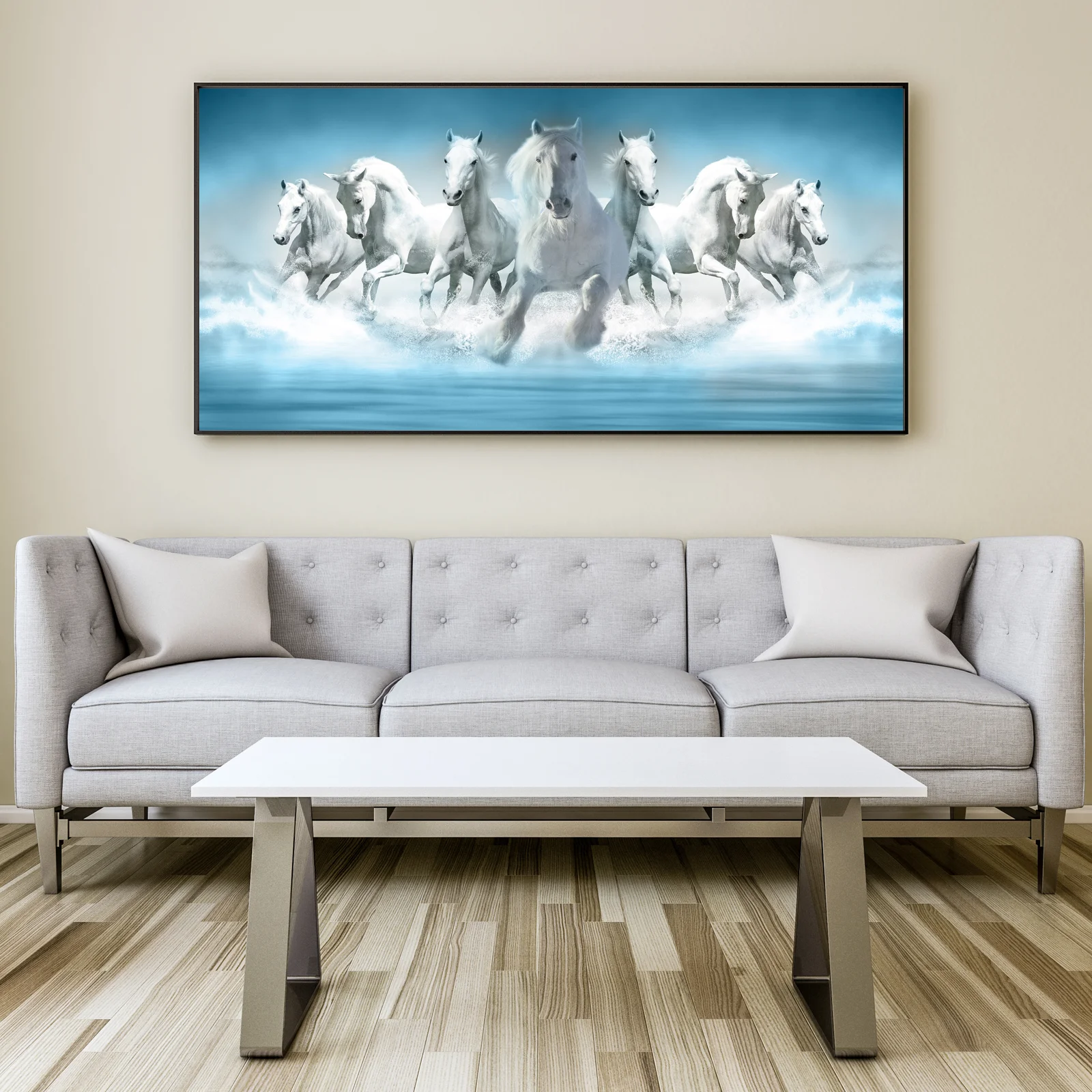 Seven White Running Horses Canvas Wall Painting decorative masterpiece for home decor